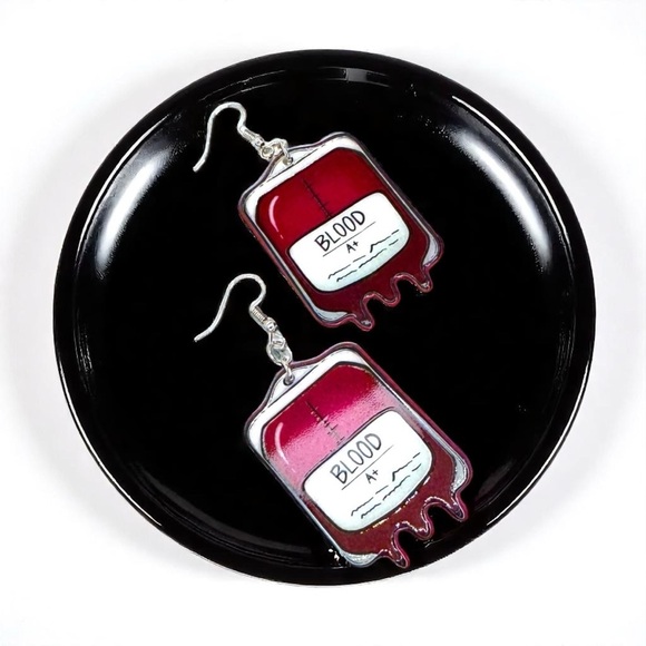Blood Bag Dangle Earrings - Quirky & Unique Statement Jewelry for Medical Staff - Picture 2 of 9